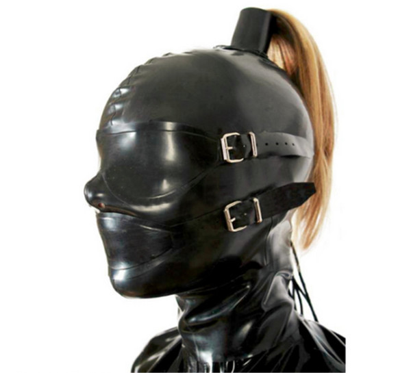 Erotic Sex BDSM Bondage SM Rubber Mask with Wig Fetish Hood with Removing Blindfold and Mouth cosplay