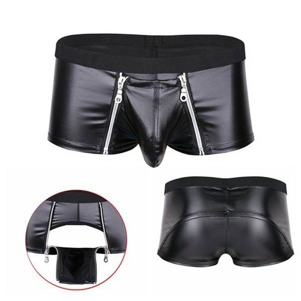 Sexy Men Faux Leather Zipper Shorts Zipper Lingerie Gay Fetish Wear Pouch Boxer Briefs Underwear