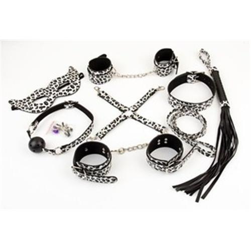 Leopard BDSM Bondage Kit 8pcs/Set Sex Products for Couple Wrist Ankle Cuffs Whip Ball Gag Collar Cotton Rope Nipple Clamps Blinder FJ2620