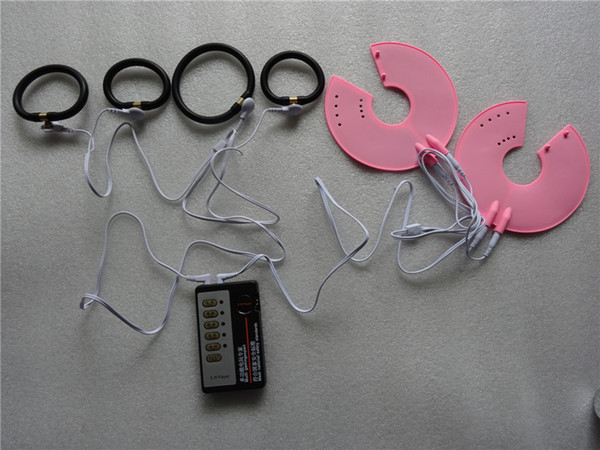 SM Electric Shock Accessories 4pcs Penis Rings +2pcs Breasts Massager +Host +2pcs Cable Electroshocking Sex Toys for Couples