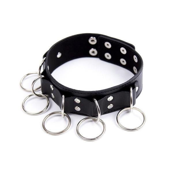 Sexy Slave Black 5 O-ring Adjustable Bondage Collar with Leash Fetish Fantasy #T78