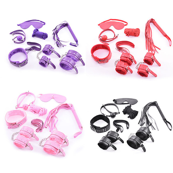 Adult Game 7 pcs Pink BDSM Bondage Restraints Set Kit Ball Gag Cuff Whip Collar Fetish Sex Toy Sets Leather Bondage Collar