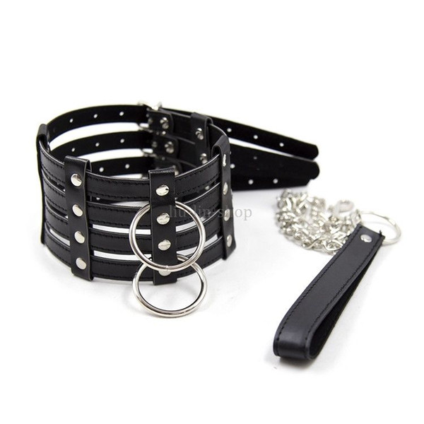 Slave Leather Bondage Punk Collar Chain Leash Neck Restraints Fetish Harness Toy #E89