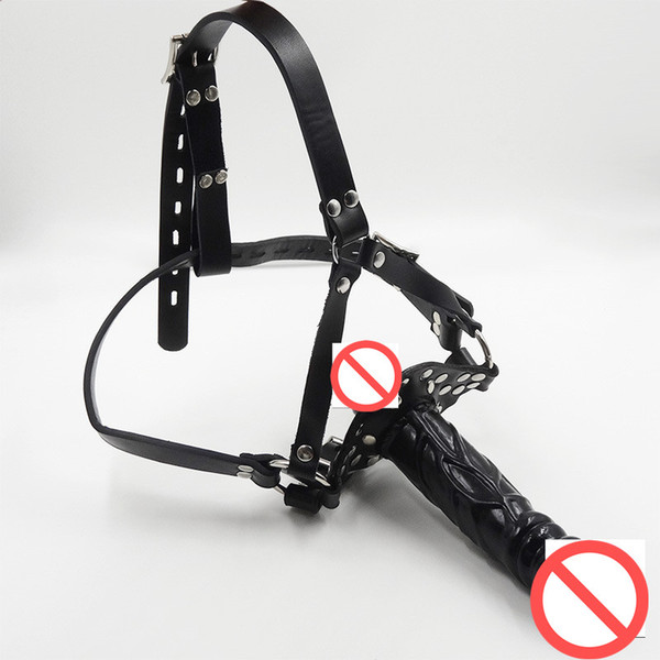 Adult Penis Gag with Double-Headed Dildo Slave Fetish Head Bondage Harness PVC Leather Restraint Sex Toy For Sex Game