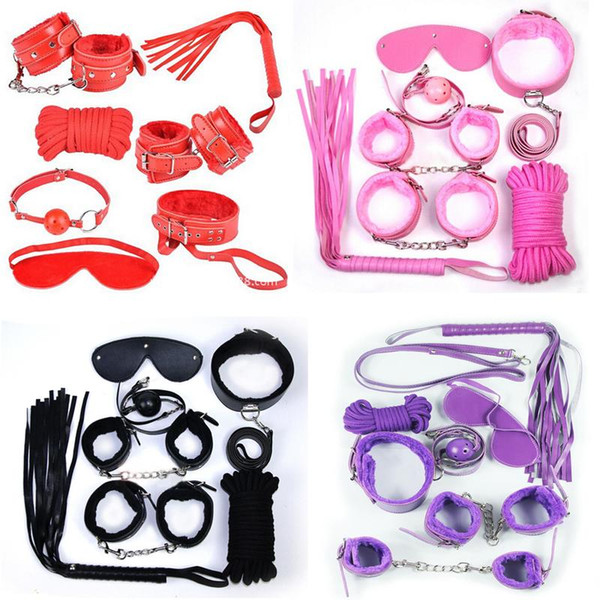 Bondages 7Pcs/set Bondage Kit Set Fetish BDSM Roleplay Handcuffs Whip Rope Blindfold Ball Gag Black/Red/Pink/Purple Slave Bondage Kit