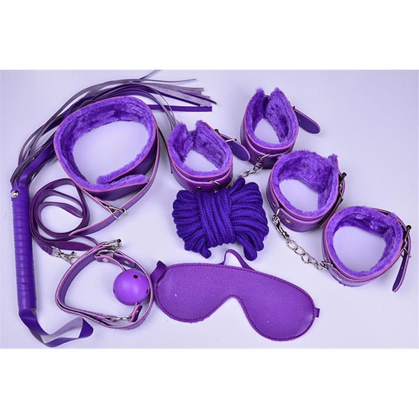 Bondages 7pcs Leather plush SM Restraints Bondage Set Fetish Collar Whip Rope Ball Mask Handcuff Sex Products black/red/pink/purple