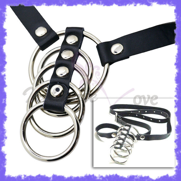 Stainless Steel+Leather Time Delay Penis Sleeves Rings Set w/ Waist Belt, Sex Products for Men Penis Rings