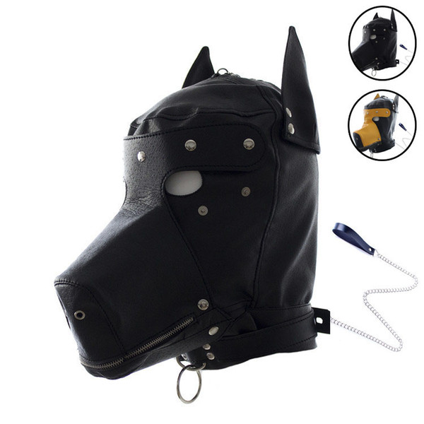 Masquerade Masks Leather Gimp Dog Puppy Hood Full Mask Removable Blindfold Mouth Gag Costume Party Mask Zipped Muzzel Sex Product