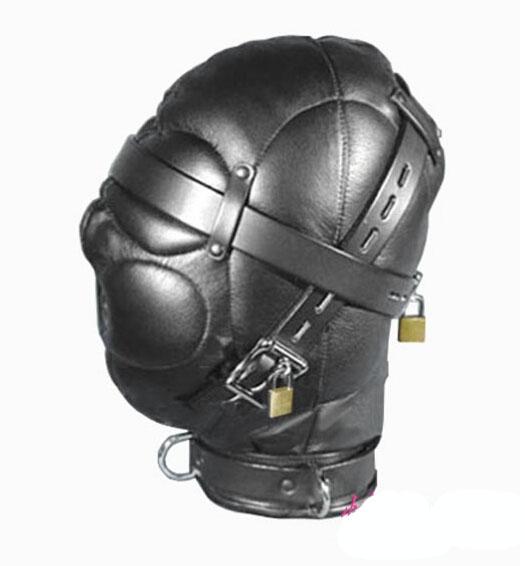 Leather Sex Headgear sensory deprivation bondage hood hat with Locking Buckles Sex Headgear With Lock J1805