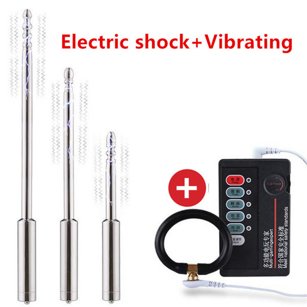 NEW Electric Shock And Vibrating Stainless Steel Urethral Sounds Electric Shock Cock Ring Sex Toys for Men Electro Sex Kit