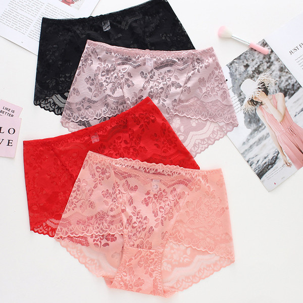 High waist ladies underwear sexy see-through lace cotton briefs shorts breathable ultra-thin non-trace fork inside waistband