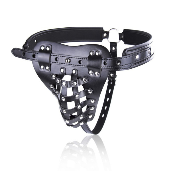 Black Studded Pantie Leather Pants Lockable Belt Male Crotch Cage Chastity Cage Harness Underwear Thong G-String Fetish Costume Lingerie