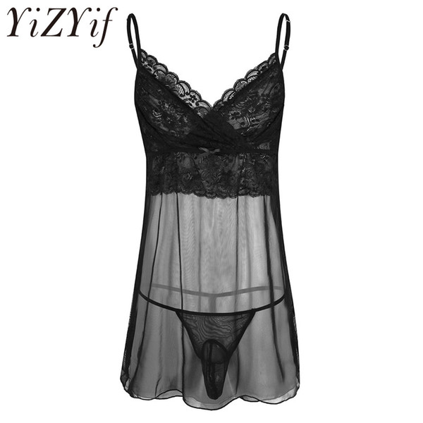 YiZYiF Sexy Mens Lingerie Sheer Mesh Floral Lace Sissy Pouch Crossdress Panties G-string Nightwear Sleepwear Set Homme Underwear Y1892810