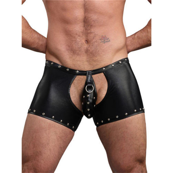 Bondage costume patent leather front and back open crocth rivet tight panties sexy mens underwears