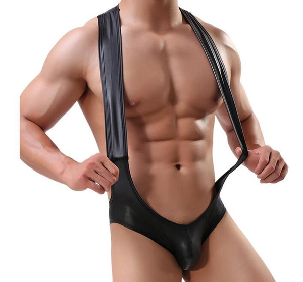 Men's faux leather onesies, buttocks GAY men's game uniforms, jumpsuits, black imitation leather night show clothing