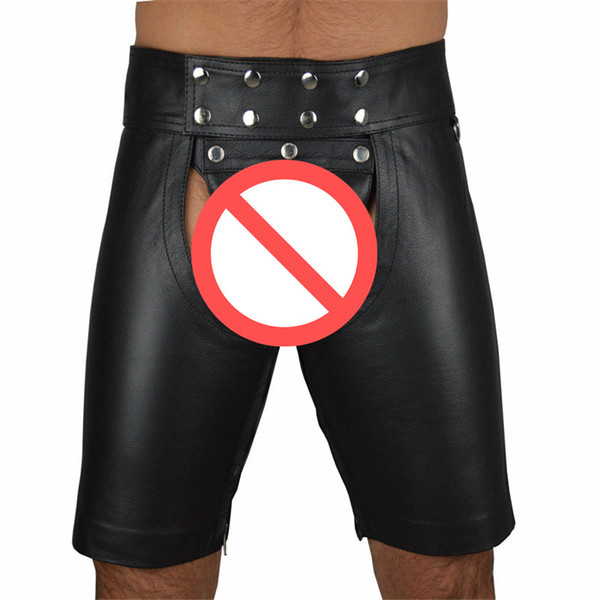 Sexy underwear male models open patent leather men's shorts pants wild leather shorts