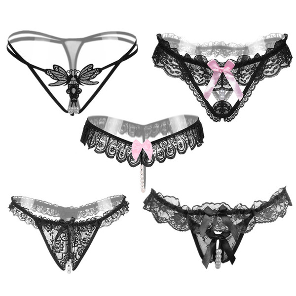 5pcs/lot 5 Style Black Color Pearl Women Underwear Sexy G String Lace Thongs Low Waist Panties S1018