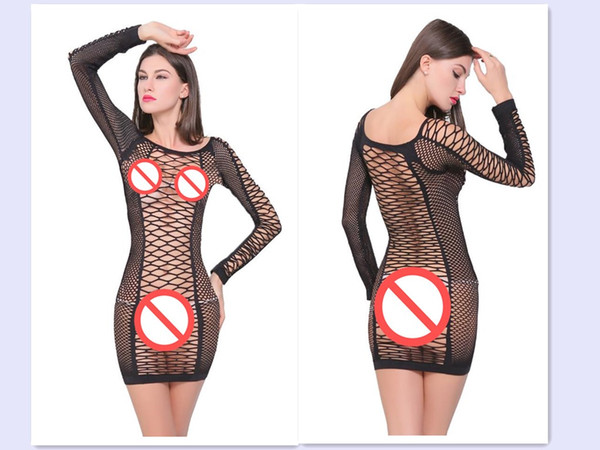 Long sleeve Sexy Underwear Big Hole Package Hip Skirt Chest Care Fun Net Clothes Net Skirt Body Hollow Sexy hollow Circle Dress(52)