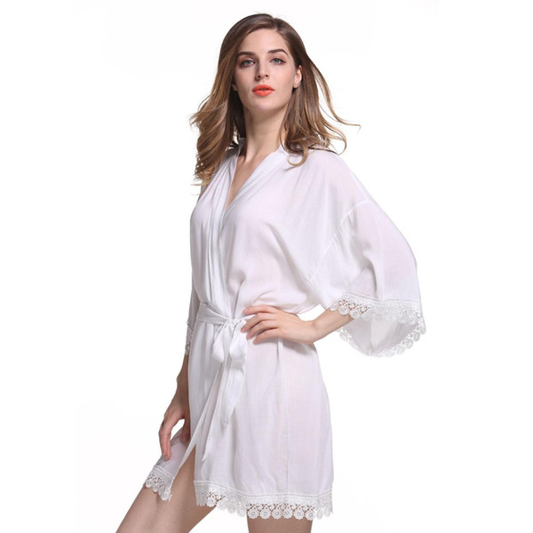 New Solid Cotton Kimono Robes With Lace Trim Women Wedding Bridal Robe Short Belt Bathrobe Sleepwear 7 colors Free Shipping