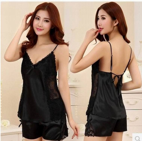 Silk Harness Shorts Two Sets of Sexy V-neck Lace Halter Pajamas Imitation Silk Ladies Home Service Sexy Pyjamas