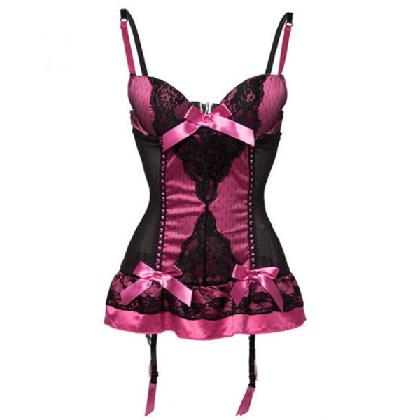 Hot Sales Rose Red Satin & Black Mesh Push Up Bustier Corset Sexy Lingerie Plus Size Women Nightwear Chemise Fancy Underwear