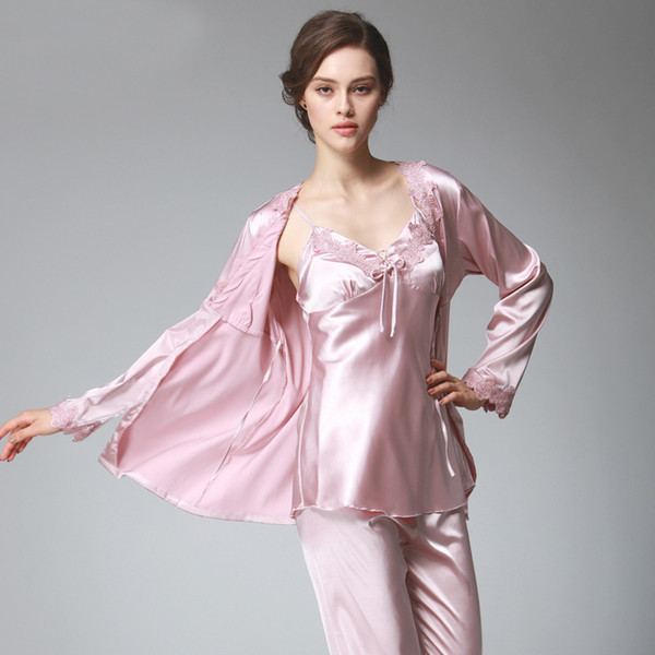 PS036 Ladies Satin Silk Pyjamas Female Sexy Lace V-neck 3 Pieces Pajama Set Plus Size Full Sleeve Spaghetti Strap Pant Nightwear Y18102205