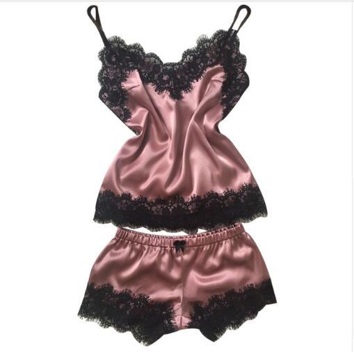 Women's Sleepwear Sexy Satin Pajama Set Black Lace V-Neck Pyjamas Sleeveless Cute Cami Top and Shorts pijama mujer algodon veran