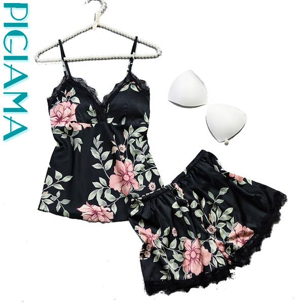 Sexy Lace Silk Pyjamas Set Floral Printed Women Pajamas Summer Home Wear Straps Pijama Ladies Bathrobe Sleepwear Pajama Suit Y18102205