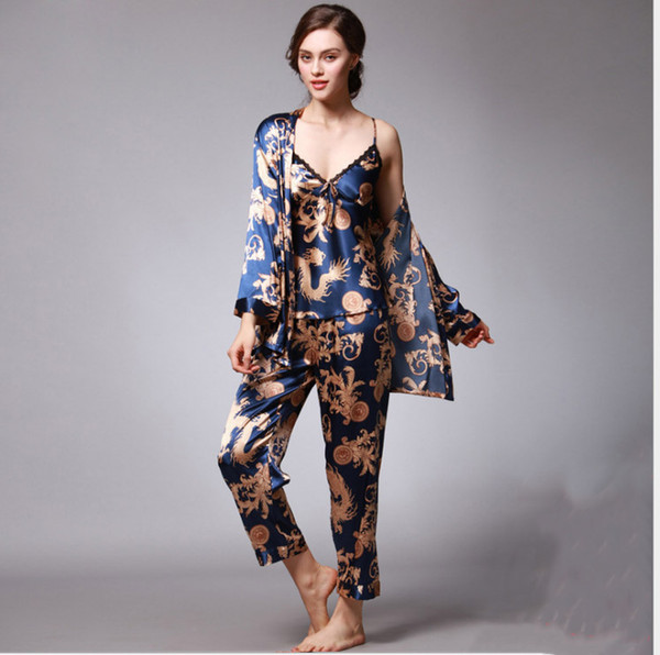 Fashion womens printing home wear loose silk like casual pajama ladies three piece suit long sleeved summer silk like bathrobe