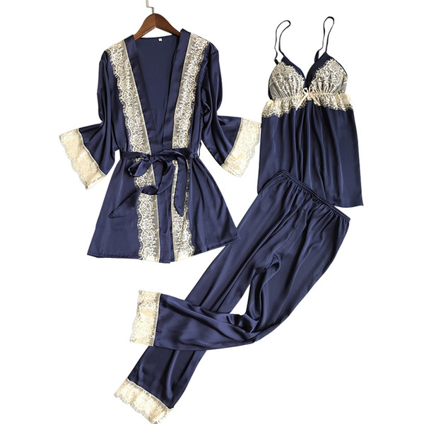 New Arrival Autumn Winter Silk Pyjamas Women Sexy Lace Bathrobe + Pajama Set 3 pcs Lingerie Set Luxury Sleepwear Nightwear