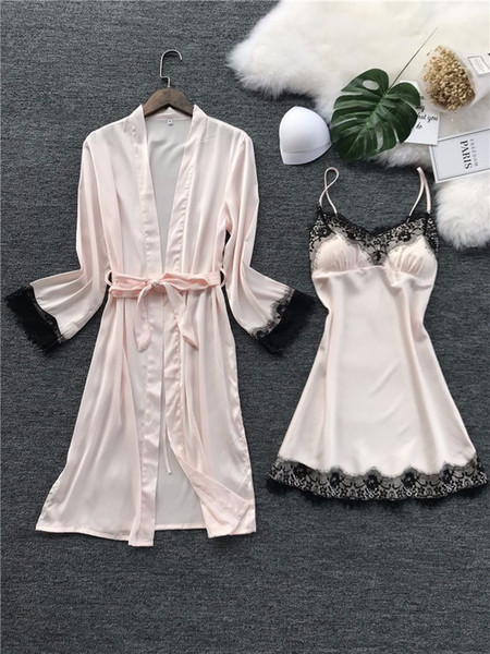 Sexy sling pajamas with sling cushion and V-Collar Long-sleeved ice-silk nightgown suit, ladies'summer silk-like household clothes