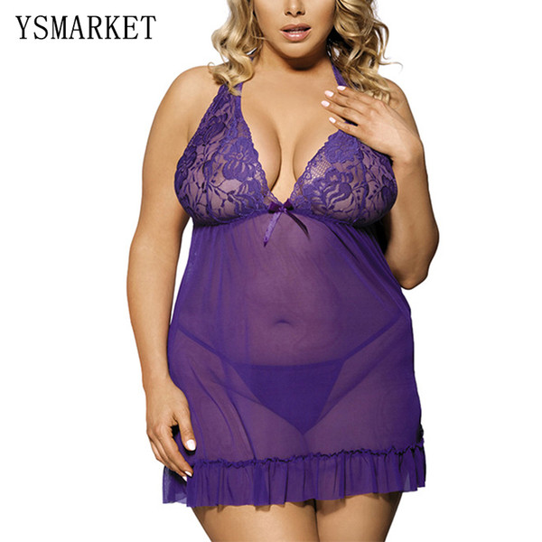 See through purple babydoll sexy lingerie soft lace babydoll with g-string plus size lingerie xxxl nighty 5XL women nightwear D18110701