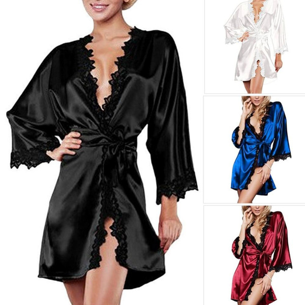 Summer Sexy Women Satin Lingerie Robe Dress Sleepwear Nightwear Underwear G-String Black White Plus Size S-2XL