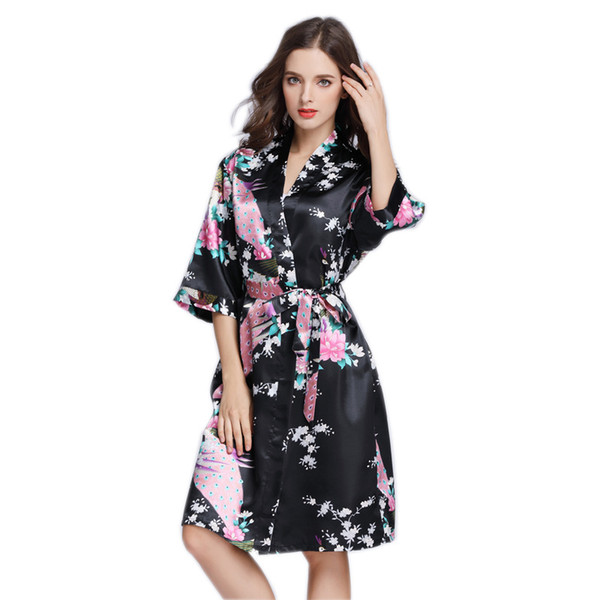 New Women's Sleepwear Women's summer simulation silk pajamas thin peacock printed robe in the sleeve size code home dress