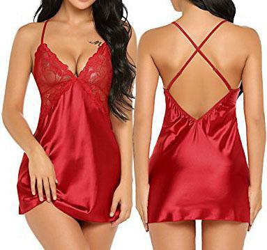 Women Chemise Lingerie Sexy Nightie Full Slips Lace Babydoll Sleepwear Dress mady by silk material with U-shaped cross straps