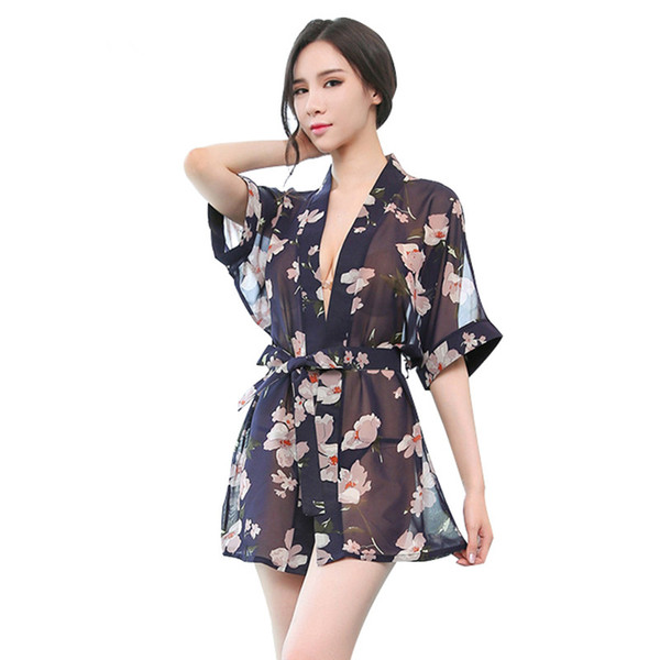 2019 Women Sexy Lingerie Perspective Print Pajamas Chiffon Babydoll with Belt Porn Erotic Costumes Lenceria