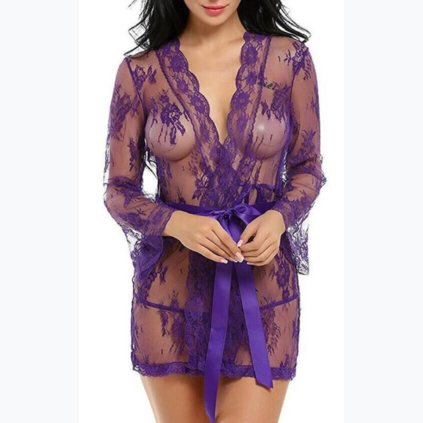 Hot Women Sexy Lingerie Plus Size Lace Robe + Thong and Belt 3 Piece Set Dress Sleepwear Flare Long Sleeve Lace Nightwear