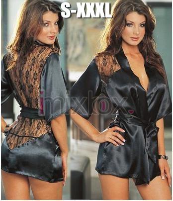 Wholesale-IMIXBOX Black Satin Sexy Lingerie Costume Pajamas underwear Sleepwear Robe and G-String S-XL