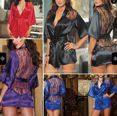 cheap Women BathRobe silk robe nightgown Satin Lace Yukata Bathrobe Lingerie Underwewar Sleepwear With Belt Plus Size sleep dress