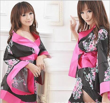 2016 new Hot Japanese Floral Print Deep V Neck Sexy Babydoll Lingerie Kimono Night Dress