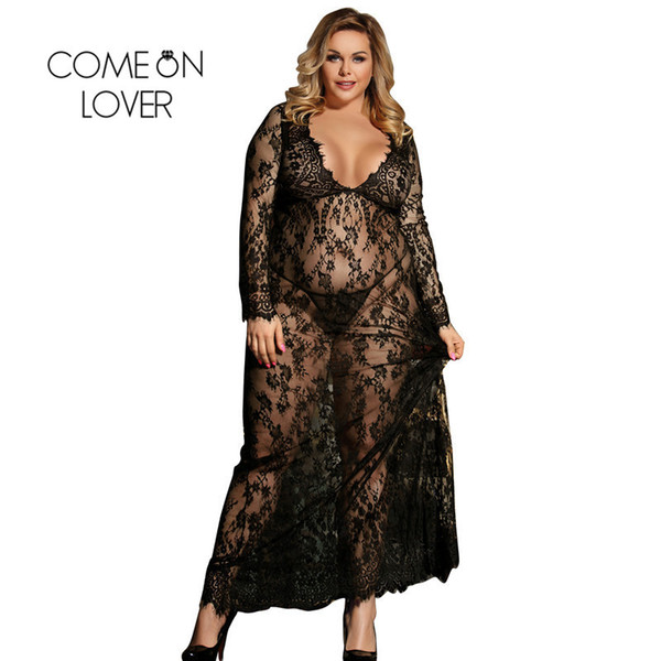 Comeonlover Sexy Dress Erotic Sexi Lingerie Porno White Long Sleeve Transparent Lingerie Plus Size Lace Sleepwear Gown RI80497 D18110701