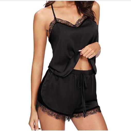 Hot Women Sleepwear Pyjama Sets Sleeveless Strap Lace Trim Satin Cami Top Nightwear Femme Sexy Summer Home Wear Sleep Wear