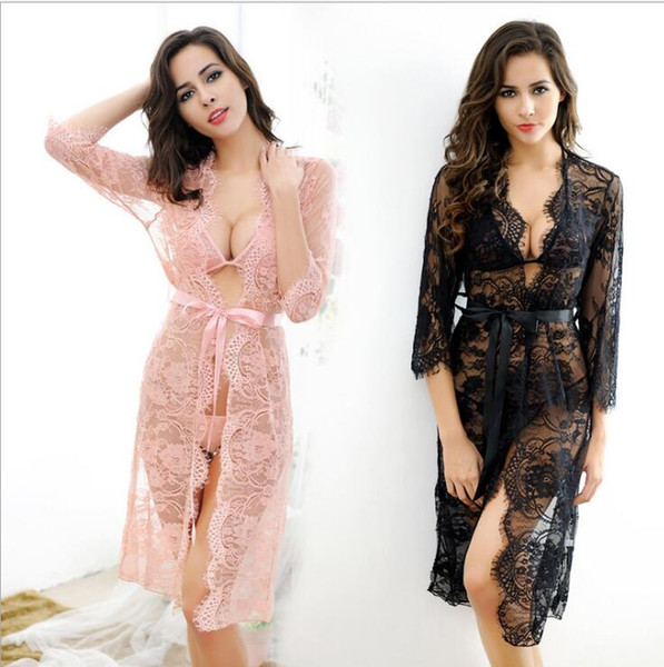 Large size sexy women's sexy underwear Europe and the United States trade eyelashes nightdress lace nightdress long-sleeved lace pajamas sui