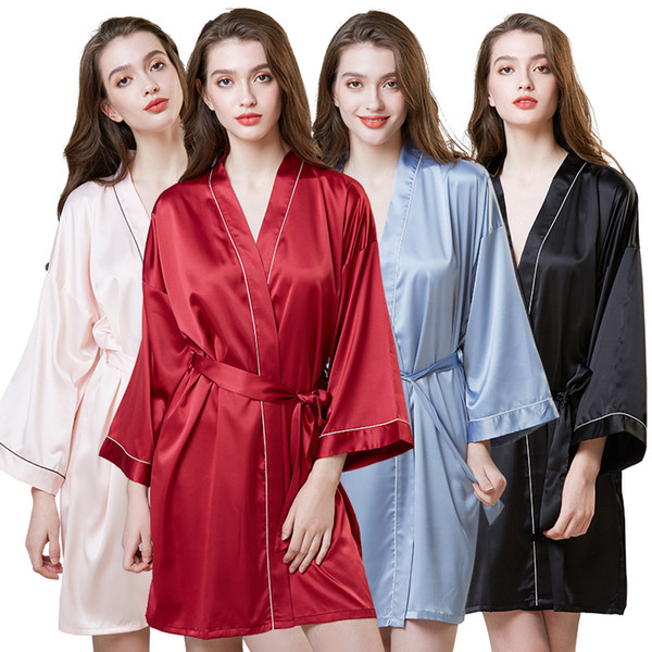 New Women's Sleepwear new Sexy Lingerie Satin LaceSimulated silk robe female summer long sleeve gown ice silk bathrobe home clothes