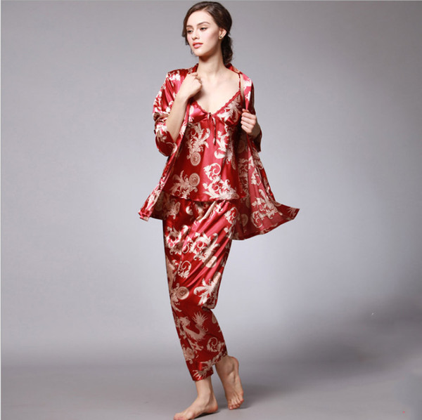 NEW fashion womens printing home wear loose silk like casual pajama ladies three piece suit long sleeved summer silk like bathrobe