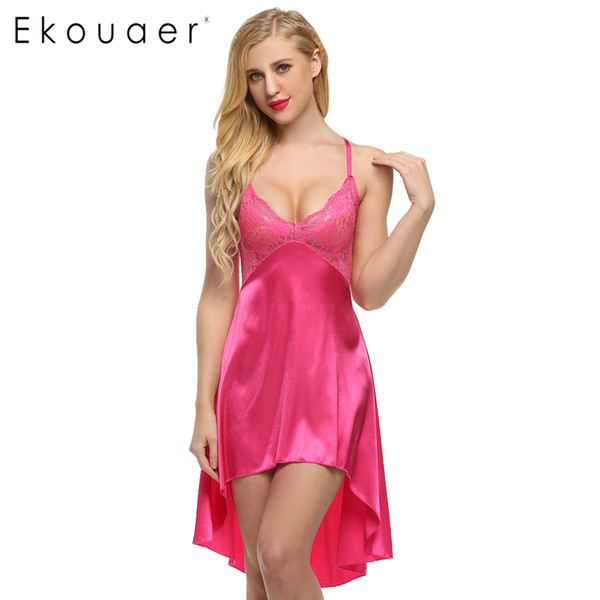 Ekouaer Ladies Sexy Satin Night Dress Lace Women Sleepwear Sleeveless Nighties V-Neck Nightdress Sexy Nightgown Hot 6 Colors S923