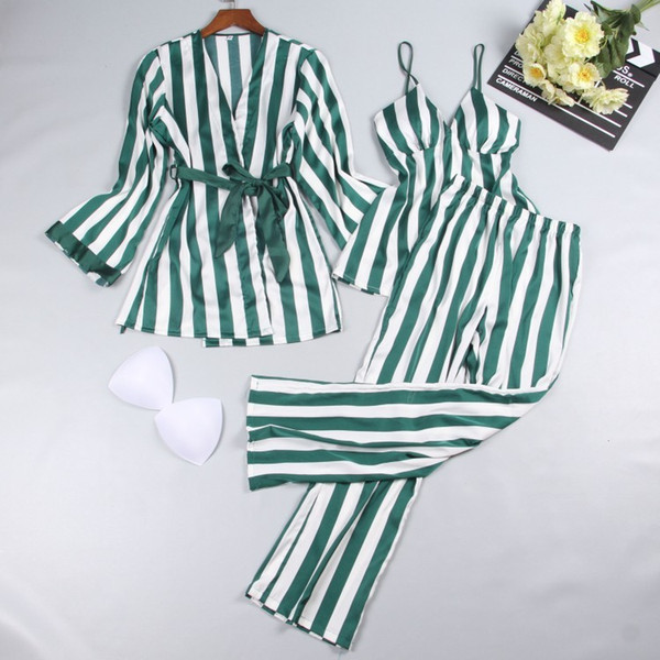 Satin Sleepwear Female Women Pajamas Sets Fashion Spaghetti Strap Tops Stripes Sleep Lounge Summer Home Clothing Pijama 3 Piece S1024