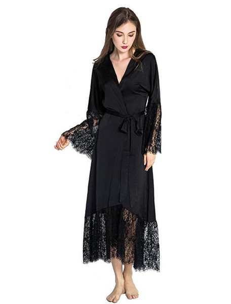 Summer Lace Patchwork Satin Kimono Robe Sexy Sleepwear Lingerie Chemises Women Silk Long Nightgown Wedding bridesmaid Robes S1015