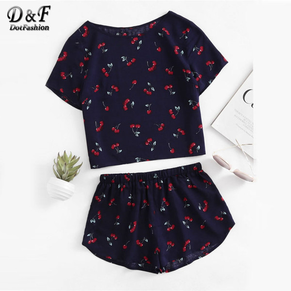 Dotfashion Print Top And Shorts 2017 New Short Sleeve Cute Women Clothing Two Piece Set Round Neck Casual Pajama Set S1015