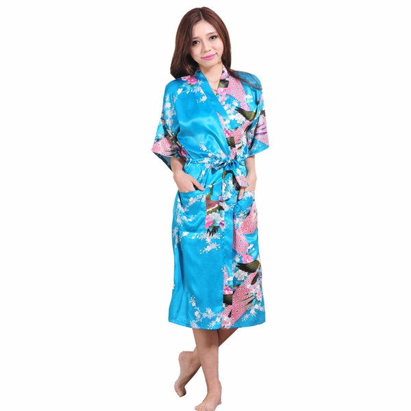 Plus Size XXXL Blue Chinese Female Silk Rayon Robe Kimono Night Gown Printed Peacock&Floral Sleepwear pijamas mujer S001-D S1015